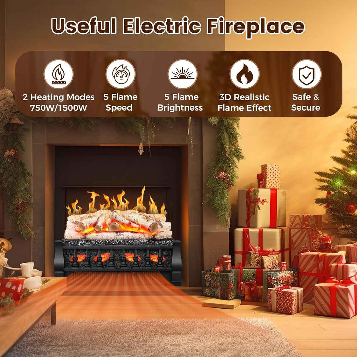 Electric Fireplace Insert Log Heater 21 Inches, 5 Flame Brightness, Multiple Flicker Speed, 750w/1500w Heating, Remote Control, Auto Shut Off