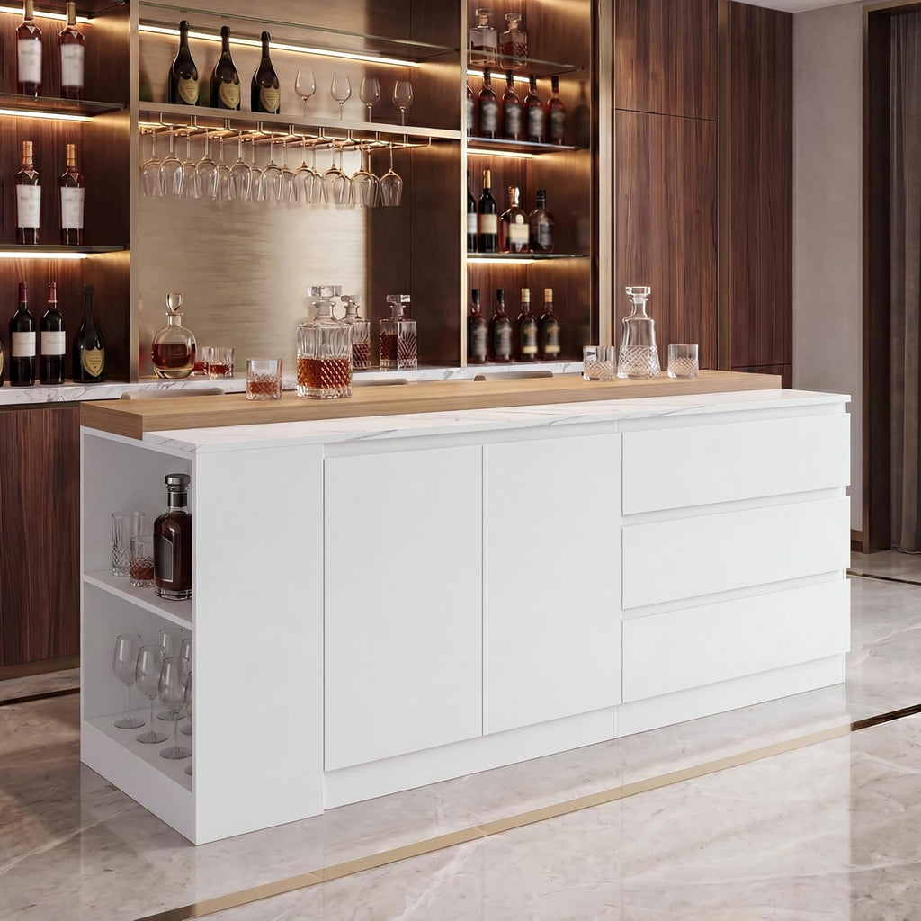 82.7" Large Bar Table Kitchen Station, Home Bar Unit with Lighting, 3 Drawers & 4 Shelves, Bar Cabinets Reception Desk for Home Pub Kitchen Storage, White