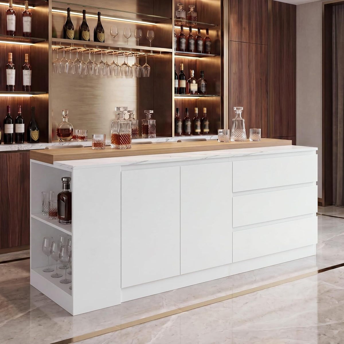 82.7" Large Bar Table Kitchen Station, Home Bar Unit with Lighting, 3 Drawers & 4 Shelves, Bar Cabinets Reception Desk for Home Pub Kitchen Storage, White