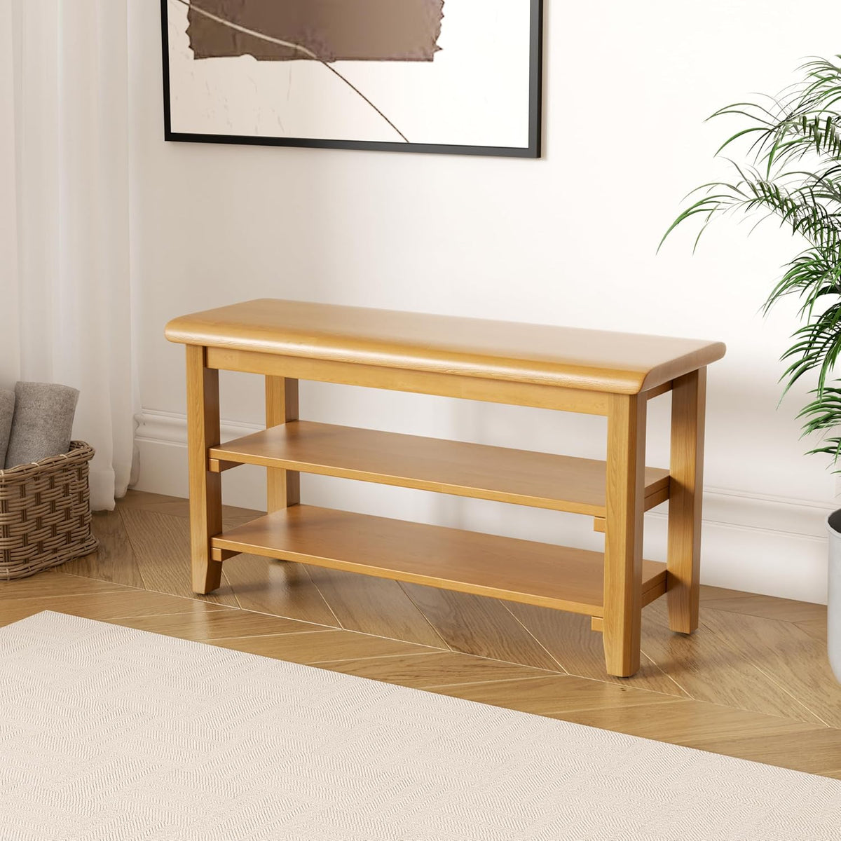 Shoe Rack Bench Mid Century Modern 2-Tier Shoe Rack Organizer for Entryway Hallway or Living Room Farmhouse Rustic Wooden Seat Bench Natural 11.8" Dx31.5 Wx16.5 H