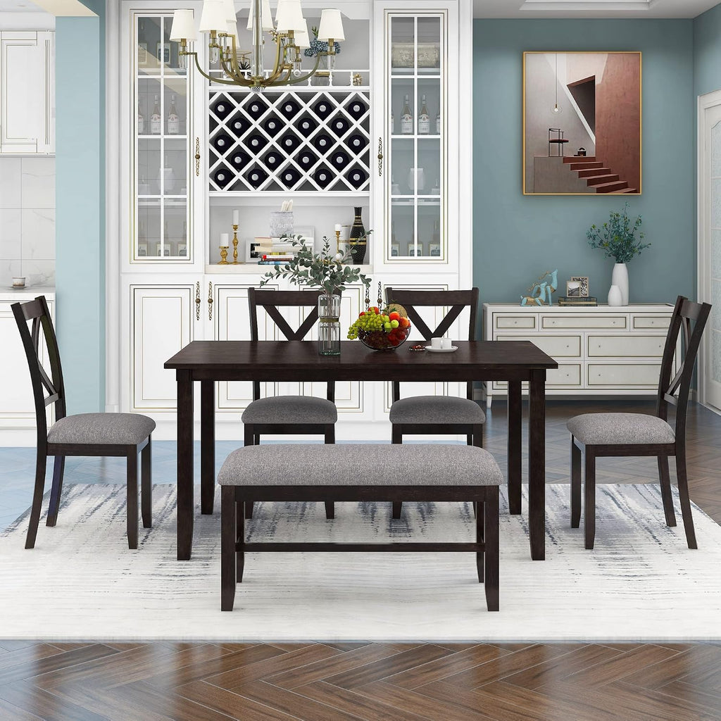 Merax 6 Piece Rustic Farmhouse Dining Table Set with Bench, Solid Wood Rectangular Kitchen Table Set with 4 Upholstered Chairs for Dining Room & Kitchen - Espresso+Gray