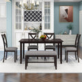 Merax 6 Piece Rustic Farmhouse Dining Table Set with Bench, Solid Wood Rectangular Kitchen Table Set with 4 Upholstered Chairs for Dining Room & Kitchen - Espresso+Gray