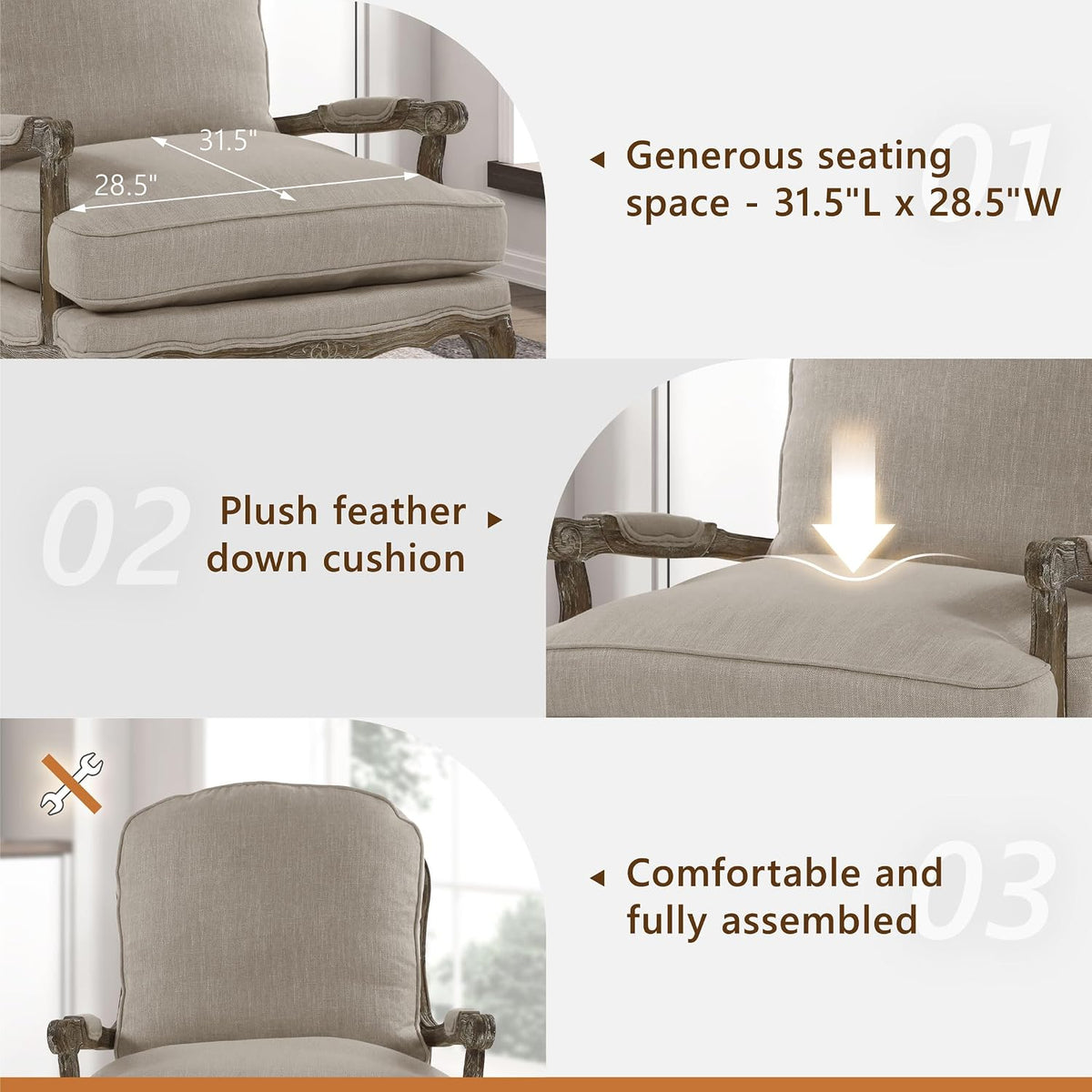 Lexicon French Country Wood Accent Chair, Carved Frame, Neutral