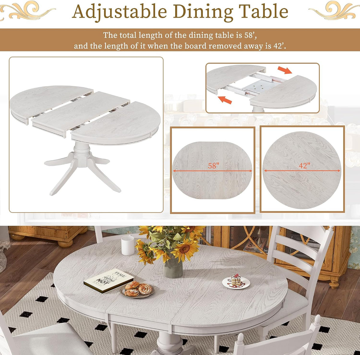 LUMISOL 5-Piece Solid Wood Dining Table Set for 4, Farmhouse Kitchen Table Set with Extendable Round Table & 4 Upholstered Chairs for Kitchen, Dining Room, Small Space, Antique White