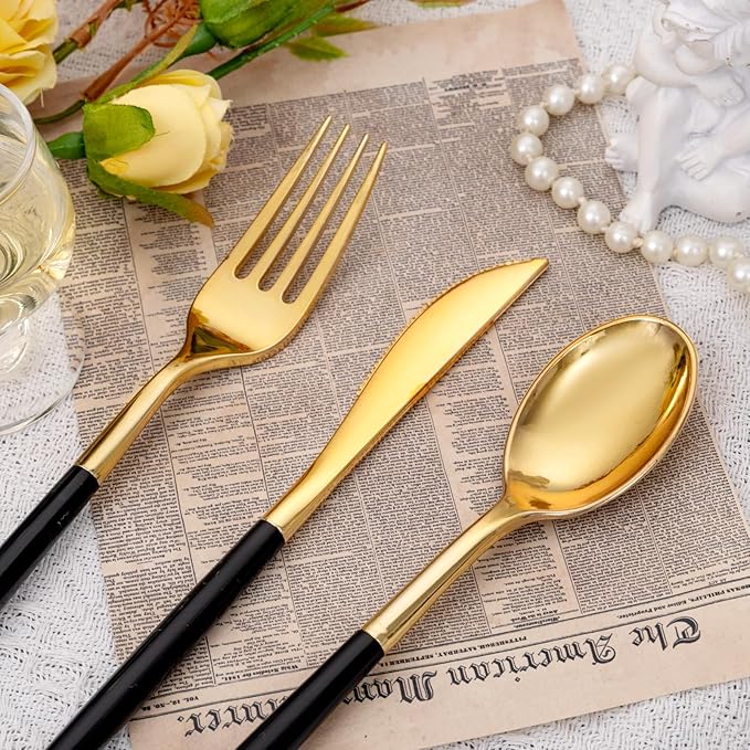 SUT Gold Plastic Silverware (160Pcs) Forks and Spoons Disposable, 80 Gold Plastic Forks, 40 Gold Knives, 40 Gold Spoons, Black and Gold Utensils Set Disposable for Parties, Weddings,New Year,Halloween