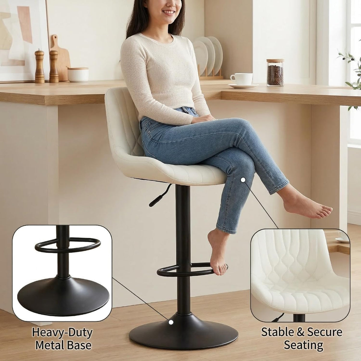 Bar Stools Set of 2, Swivel Adjustable Barstools with Backs, Beige
