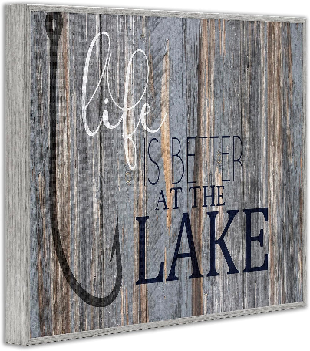 Stupell Industries Life Better Lake Quote Fish Lakehouse Cabin Nautical Phrase, Design by Kim Allen, Grey Framed, 24 x 30