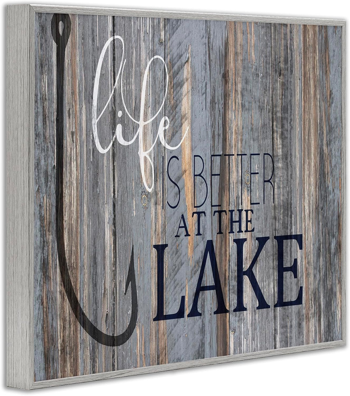 Stupell Industries Life Better Lake Quote Fish Lakehouse Cabin Nautical Phrase, Design by Kim Allen, Grey Framed, 24 x 30