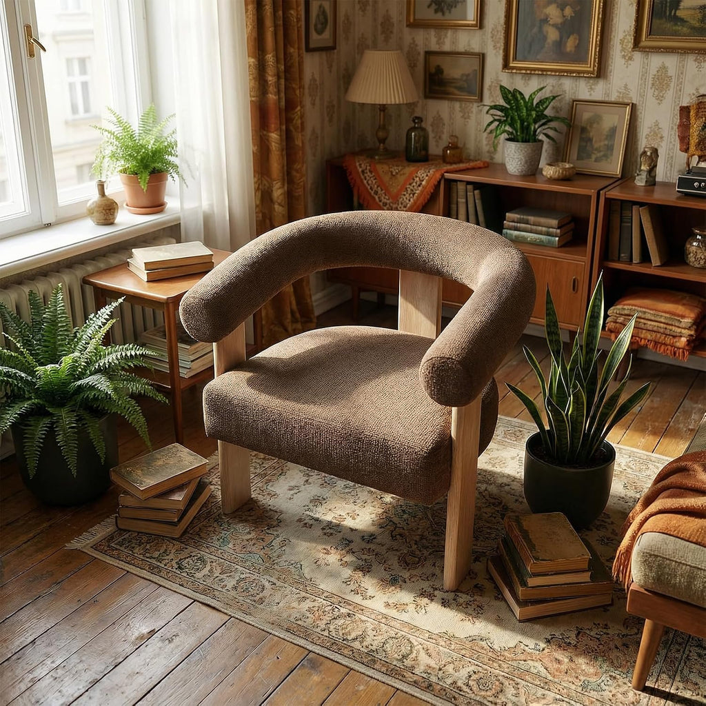 VKNOW Barrel Accent Chair, Vanity Chair with Armrests and Rubberwood Legs