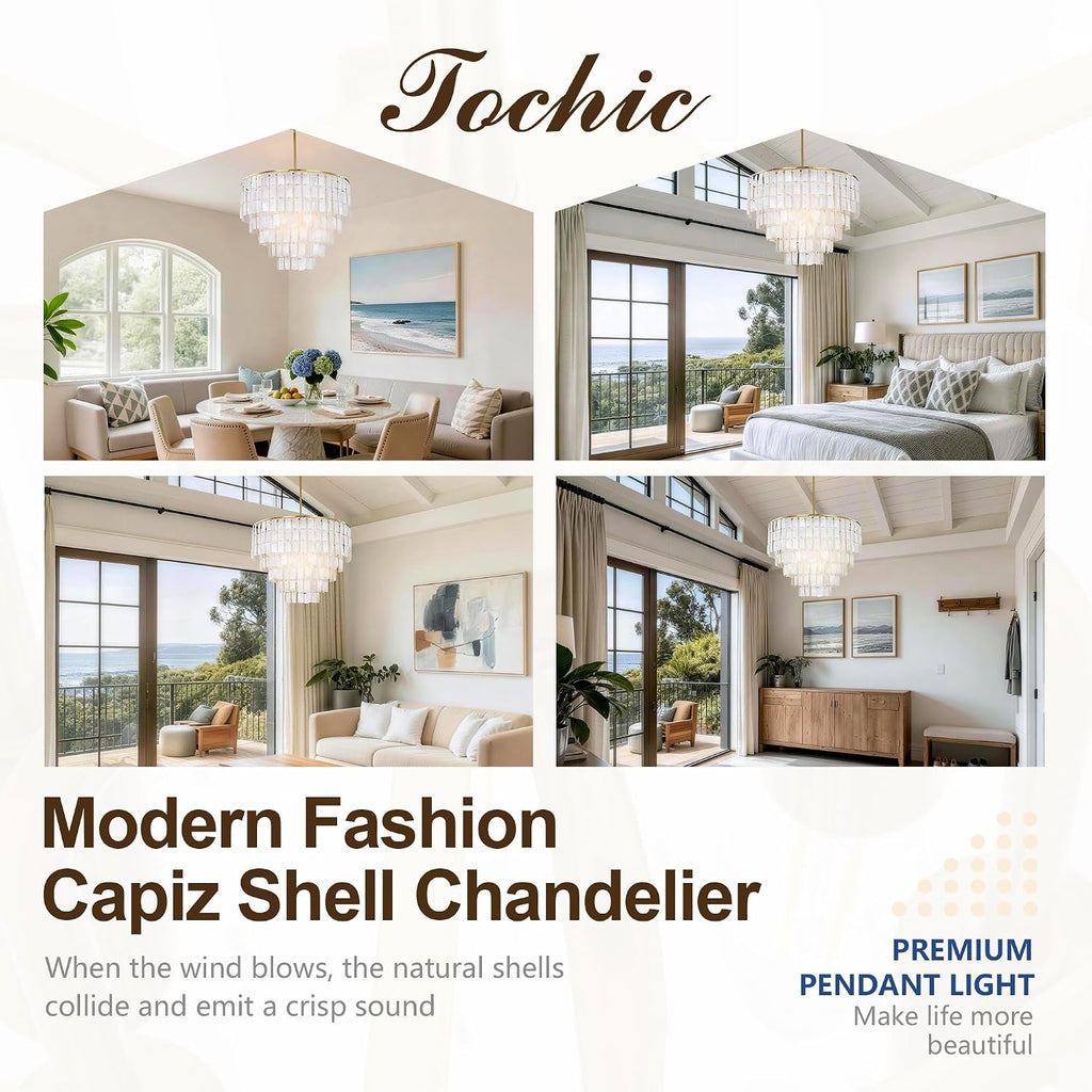 TOCHIC Capiz Shell Chandelier, Gold Coastal Chandelier with Natural Shells