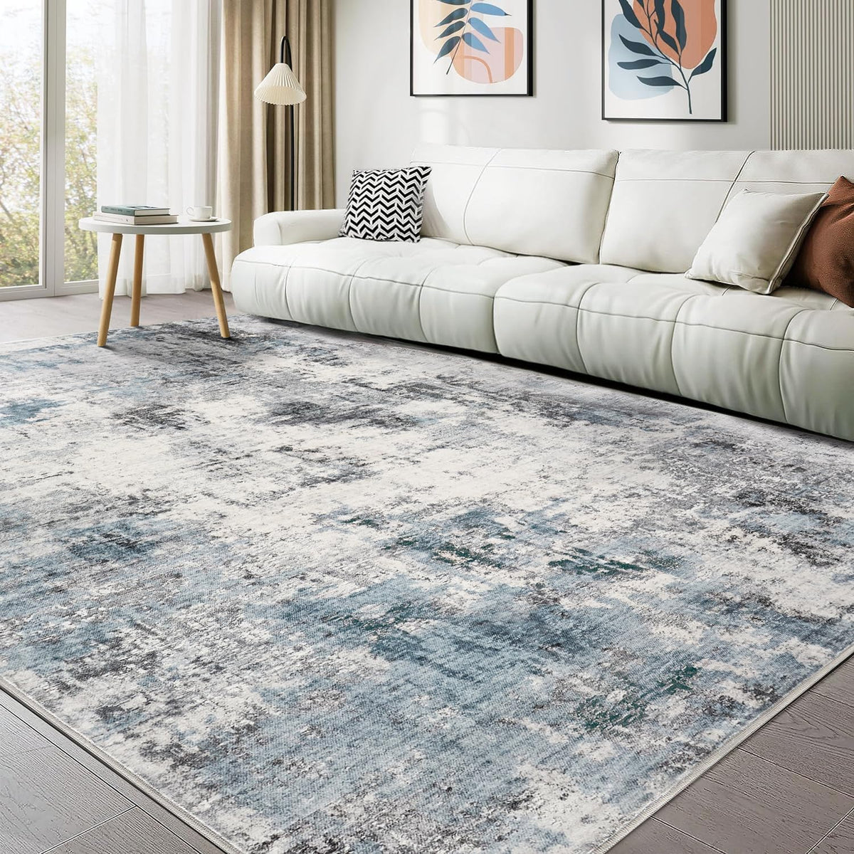 Abstract 8x10 Area Rug: Machine Washable Non Slip Ultra Thin Low-Pile Carpet, Soft Stain Resistant for Living Dining Room Bedroom, Kid Pet Friendly, Robot Vacuum Compatible - Grey Blue