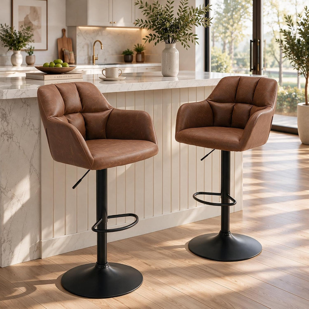 ROCITY Swivel Bar Stools Set of 2, Adjustable Height, Brown Faux Leather