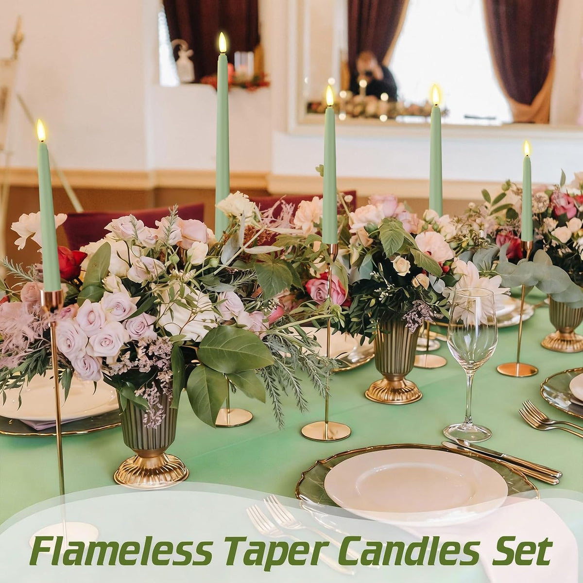 Rossesay 48 Pcs Flameless LED Taper Candles Battery Operated Candles 4 Sizes of 8.5'', 9.65'', 10.83'', 12.8'' Flameless Candlesticks Flickering for Halloween Christmas Church Wedding(Sage Green)