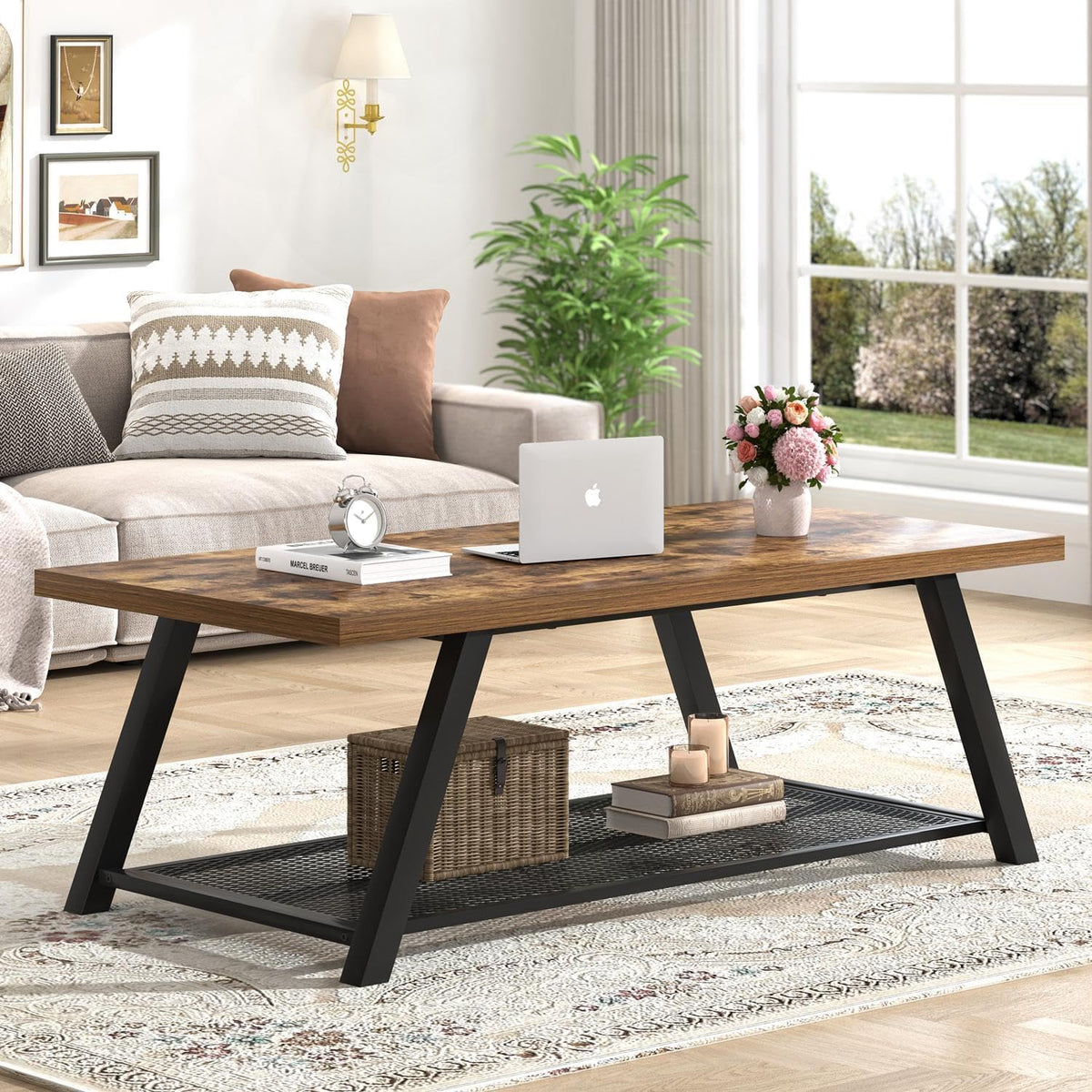 FOLUBAN Coffee Table with Storage for Living Room, Rustic Brown, 47 Inch