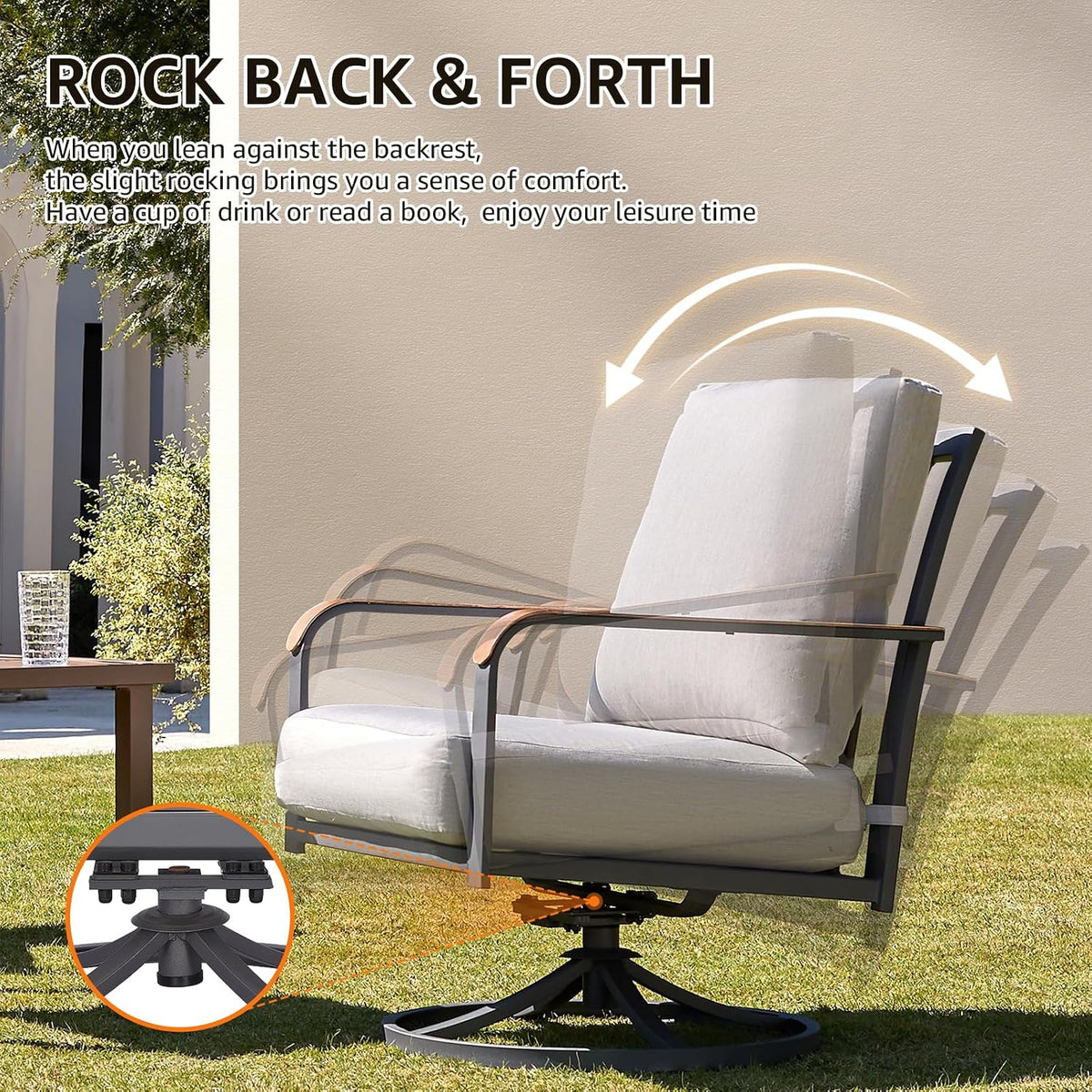 NATURAL EXPRESSIONS Patio Swivel Chairs Set of 2,Outdoor Rocker Chairs Set with 6" Thick Cushions Patio Bistro Set with Wood Grain Metal Table for Backyard Porch Balcony Deck 350lbs Light Grey