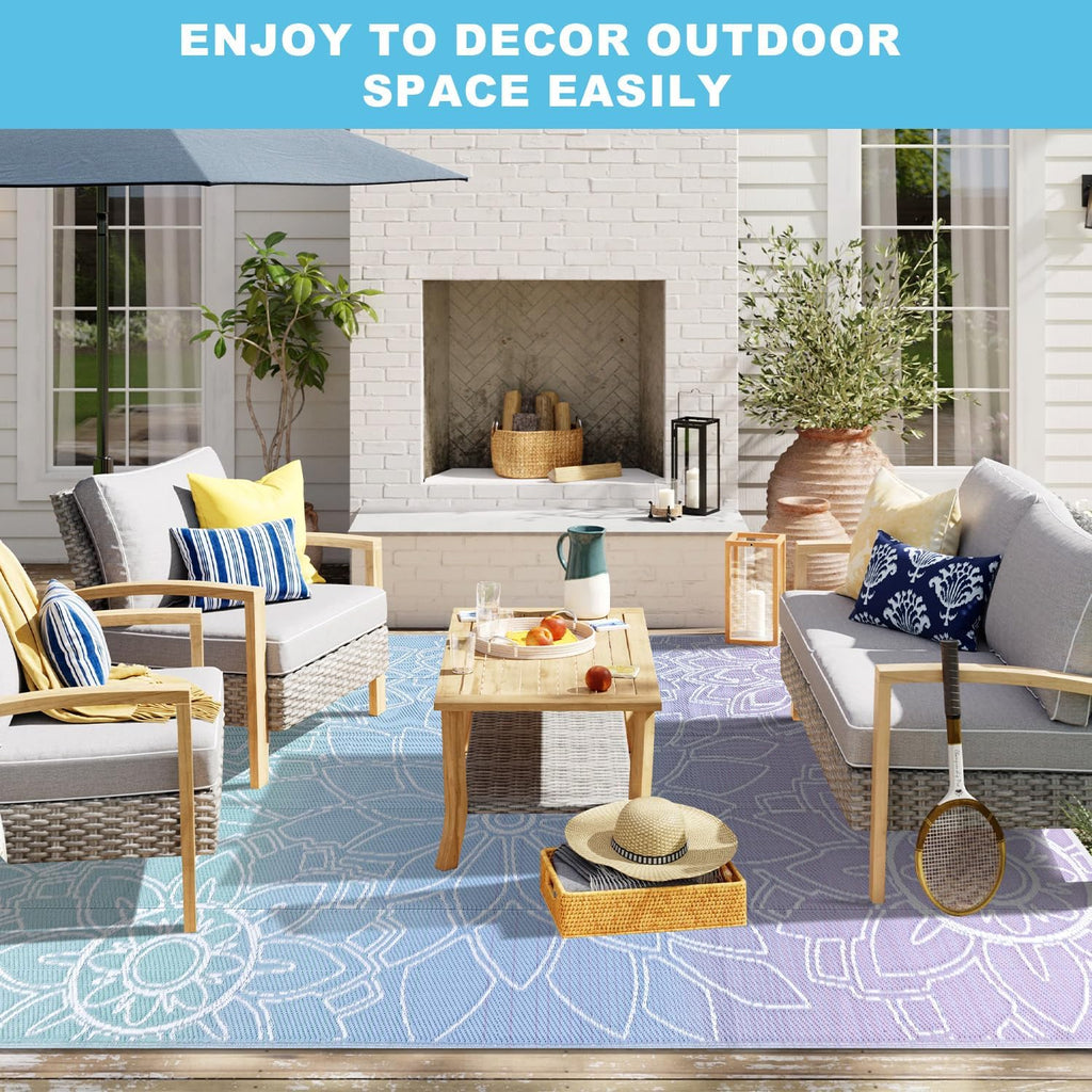 LOKHOM Outdoor Rug for Patio 6x9 ft Reversible Plastic Straw Patio Camping Rug, Floral Waterproof RV Mat for Camper Indoor Outdoor Carpet for Deck Porch Picnic Beach Balcony Backyard, Blue-Purple