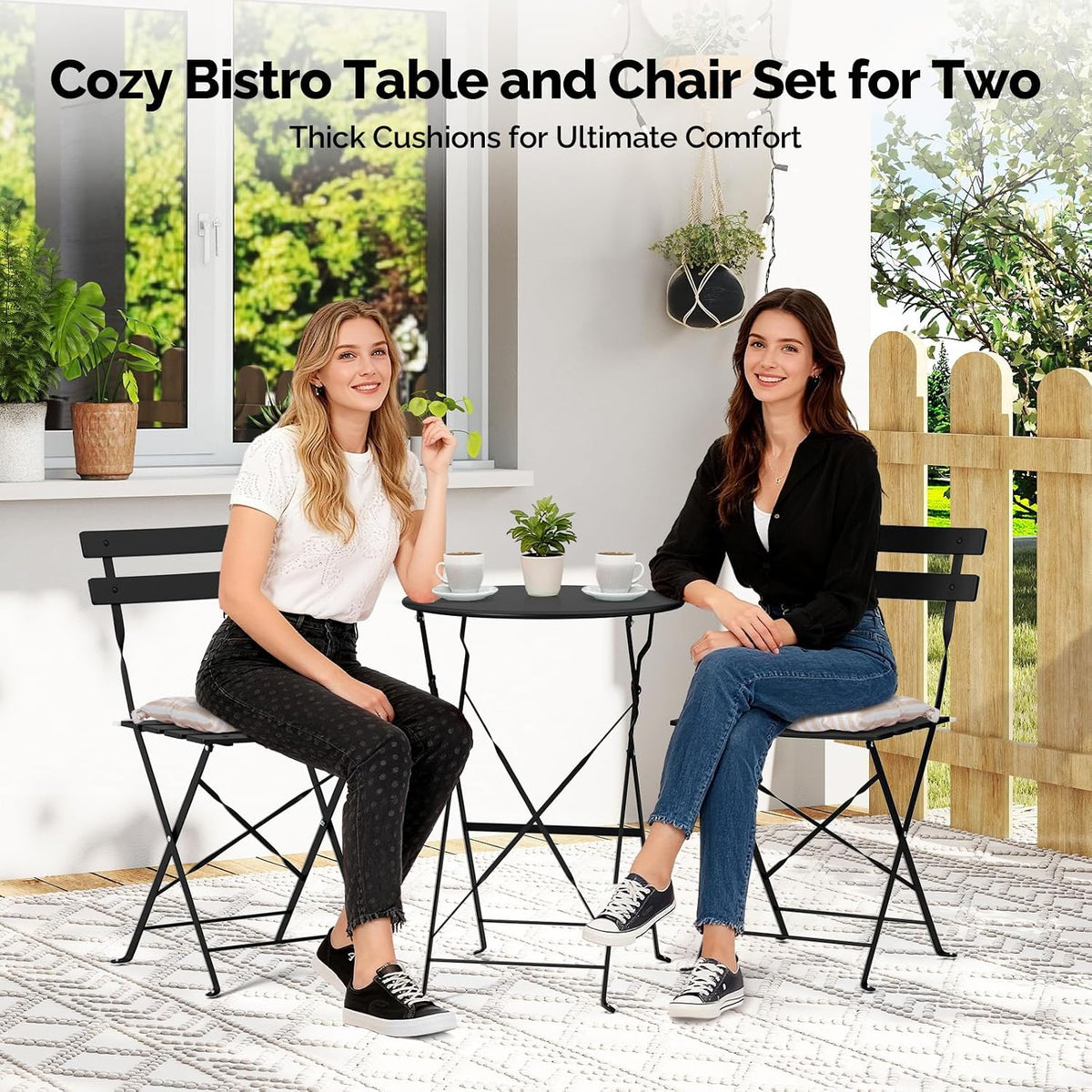 VINGLI Outdoor Folding Bistro Table and Chairs Set of 2, 3-Piece Bistro Set with Premium Steel Frame and Comfortable Cushions for Patio, Balcony, Garden, Porch, Yard, Black