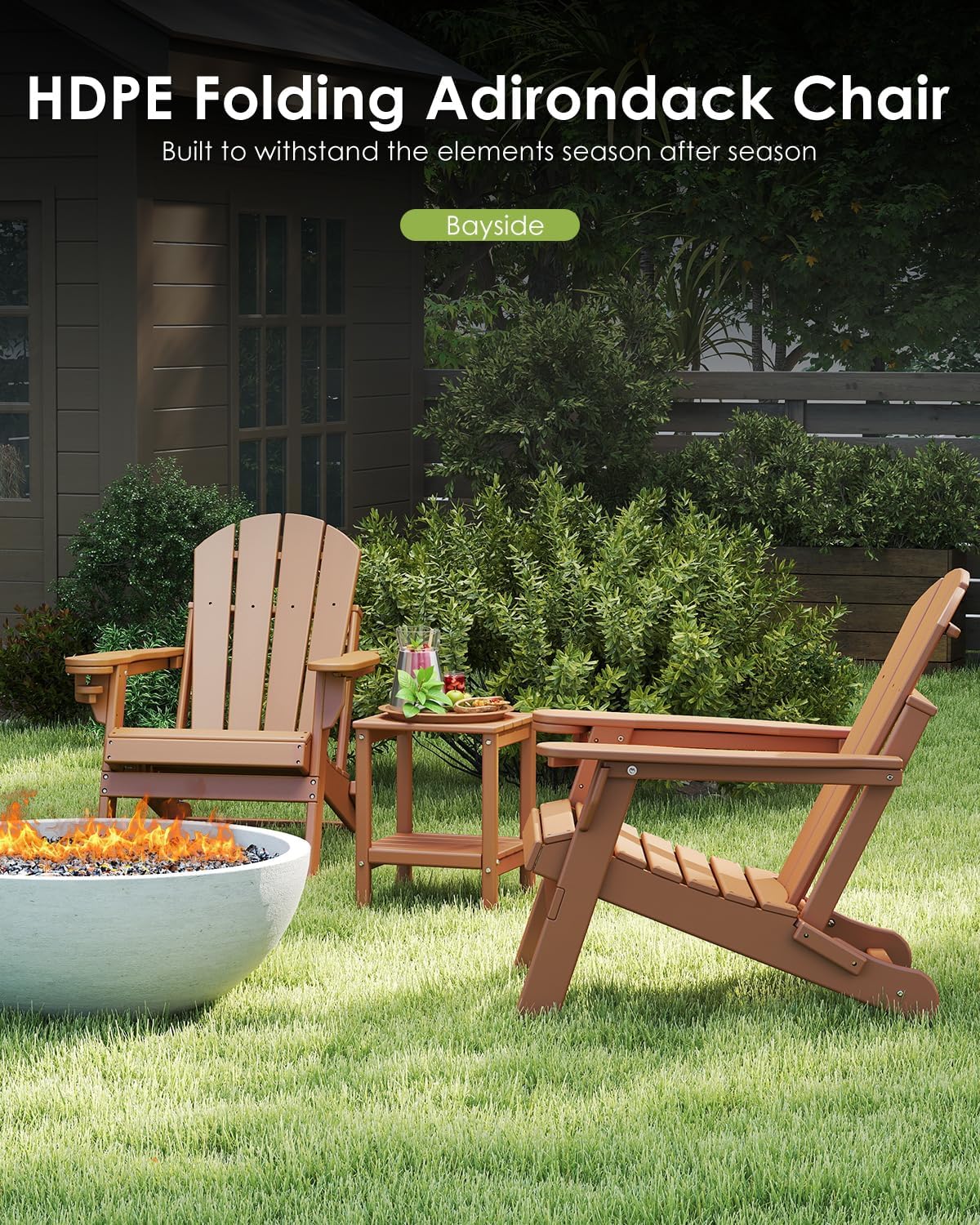 GREENVINES Folding-Adirondack-Chairs Set of 2, HDPE All Weather, Teak