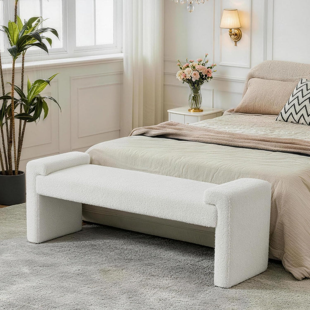 Upholstered Entryway Bench, 58.7" Modern Bedroom Bench, White