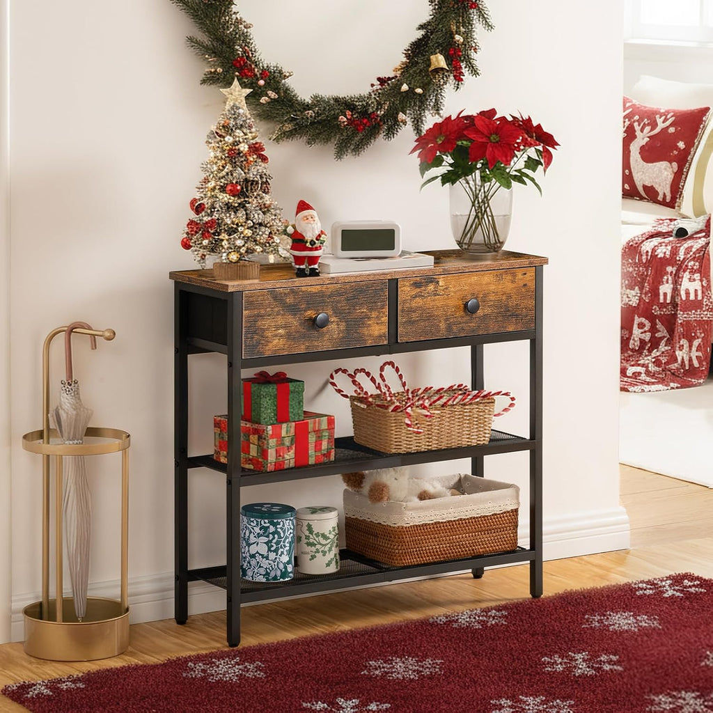 HOOBRO 29.5" Narrow Console Table with 2 Fabric Drawers, Sofa Table, Small Entryway Table with 3-Tier Storage Shelves, Behind Couch Table, for Living Room, Hallway, Rustic Brown and Black BF72XG01