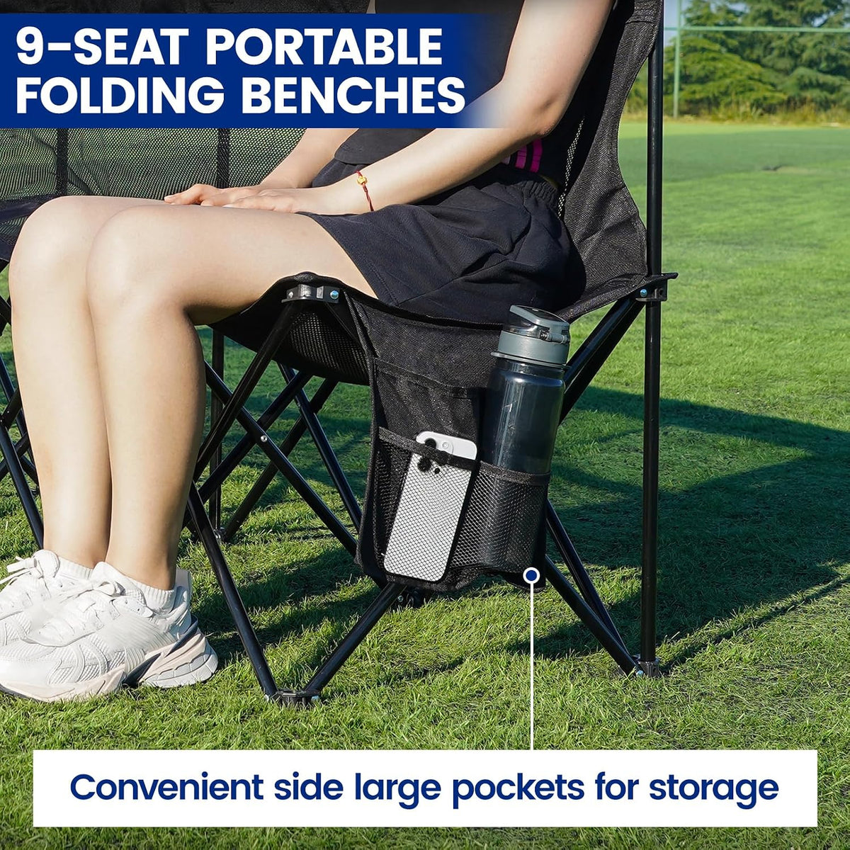 Soccer Bench- Folding Team Bench Soccer 9 Seats with Mesh,Black