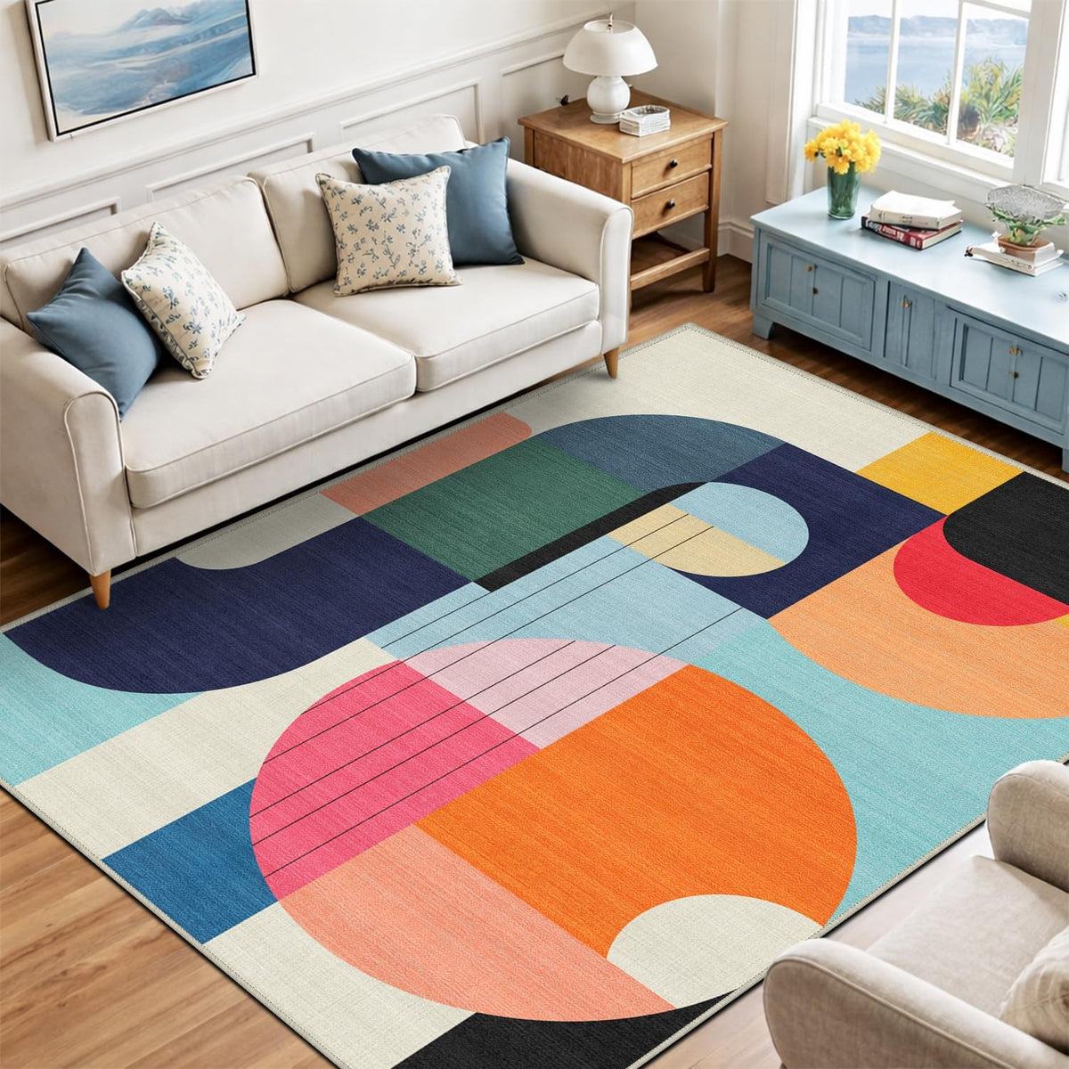 6x9 Area Rug Colorful Boho Geometric Carpet Modern Abstract Large Rug for Living Room Bedroom Machine Washable Non-Slip Rug for Dining Room Home Office