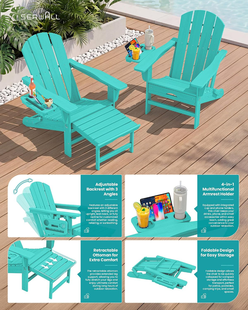 SERWALL Folding Adjustable Adirondack Chairs with Footrest Set of 2, HDPE Outdoor Chair with 4-in-1 Cup Holders, All Weather Adirondack Chair with Ottoman, Aruba