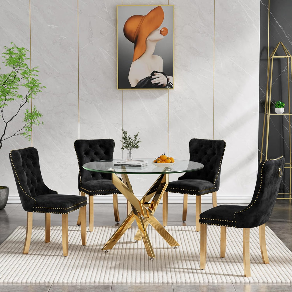 Henf 5 Piece Dining Table Set for 4, Glass Round Dining Table with 4 Black Fabric Dining Chairs, 36'' Round Gold Dining Room Table Set for Small Space, Compact Kitchen Table and Chair Set for 4