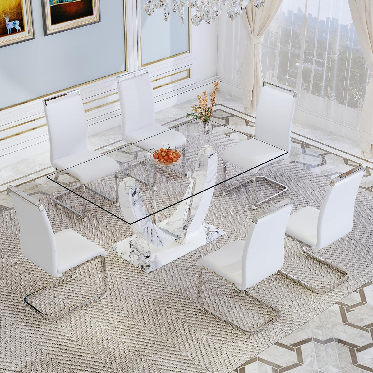 JUFU 7-Piece White Dining Table Set for 6, 63" Rectangular Glass Dining Table with Faux Marble U-Shaped Pedestal Base and 6 White Cantilever Chairs, Modern Kitchen & Dining Room Furniture Set