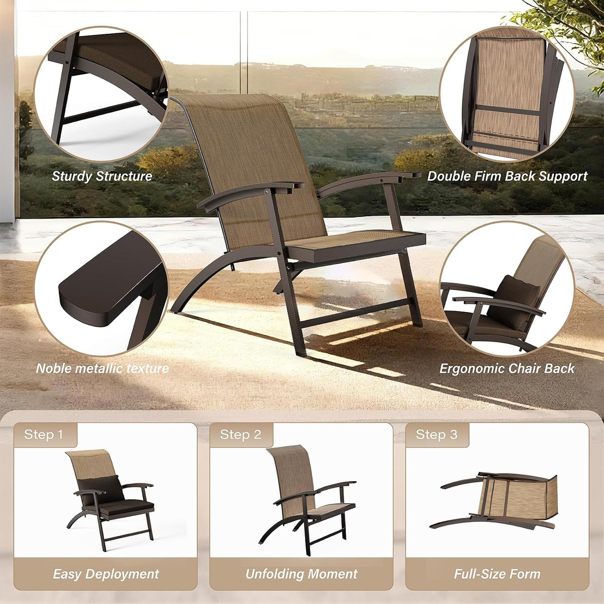 3 Piece Patio Furniture Set, Foldable Textilene Bistro chairs, Metal Table