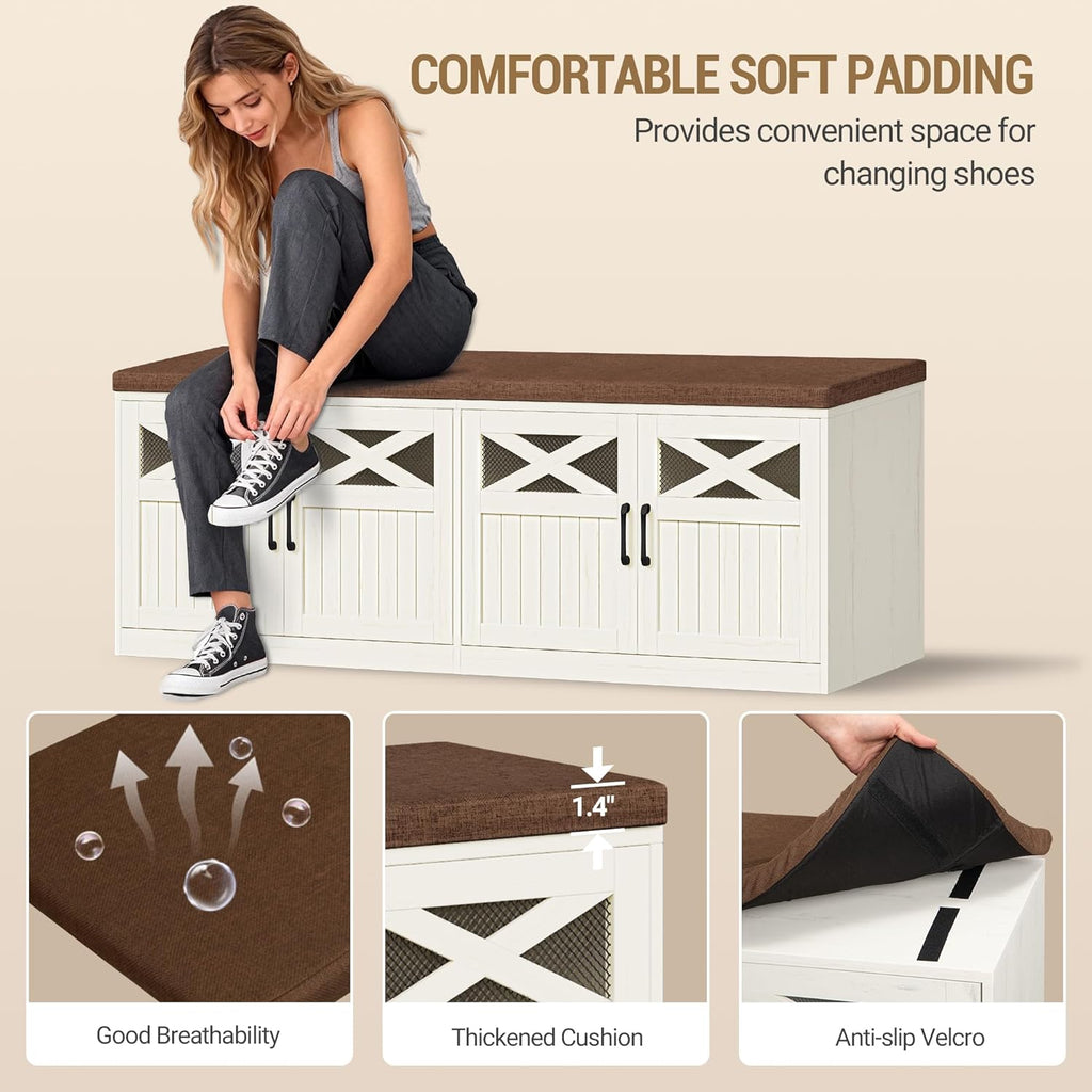 Hzuaneri 47.2" Shoe Storage Bench with 4 Barn Doors & Padded Seat Cushion