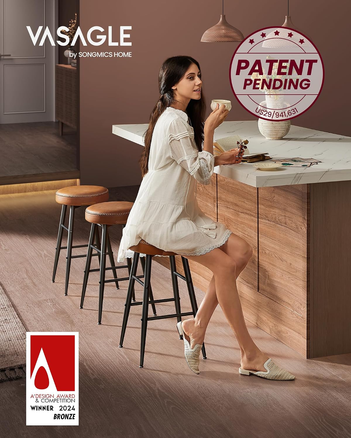 VASAGLE Bar Stools Set of 2, Kitchen Counter Stools, 24.8-Inch Tall
