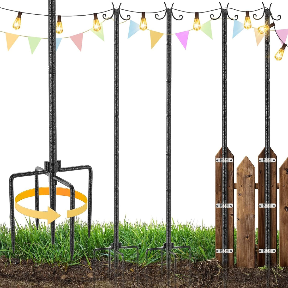 StarryEver 4 Pack String Light Poles, 3M/10FT Adjustable Height Metal Lights Hanging Pole with 2 Hooks and Rustproof, for Yard Patio Decor, Camping, Sun Shades Outdoor, Outside Decor