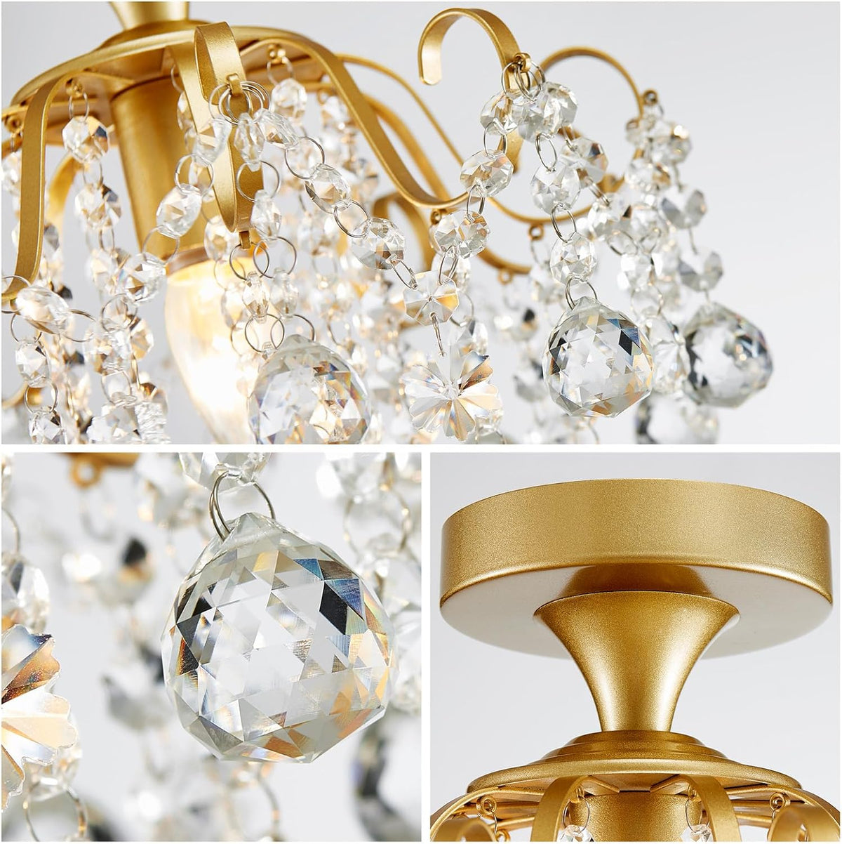 WUZUPS Crystal Chandelier Flushmount Ceiling Light Modern Lighting Fixture for Bedroom Hallway Bar Kitchen Bathroom, H 13.4" x W 12.6", E26 Base, Gold