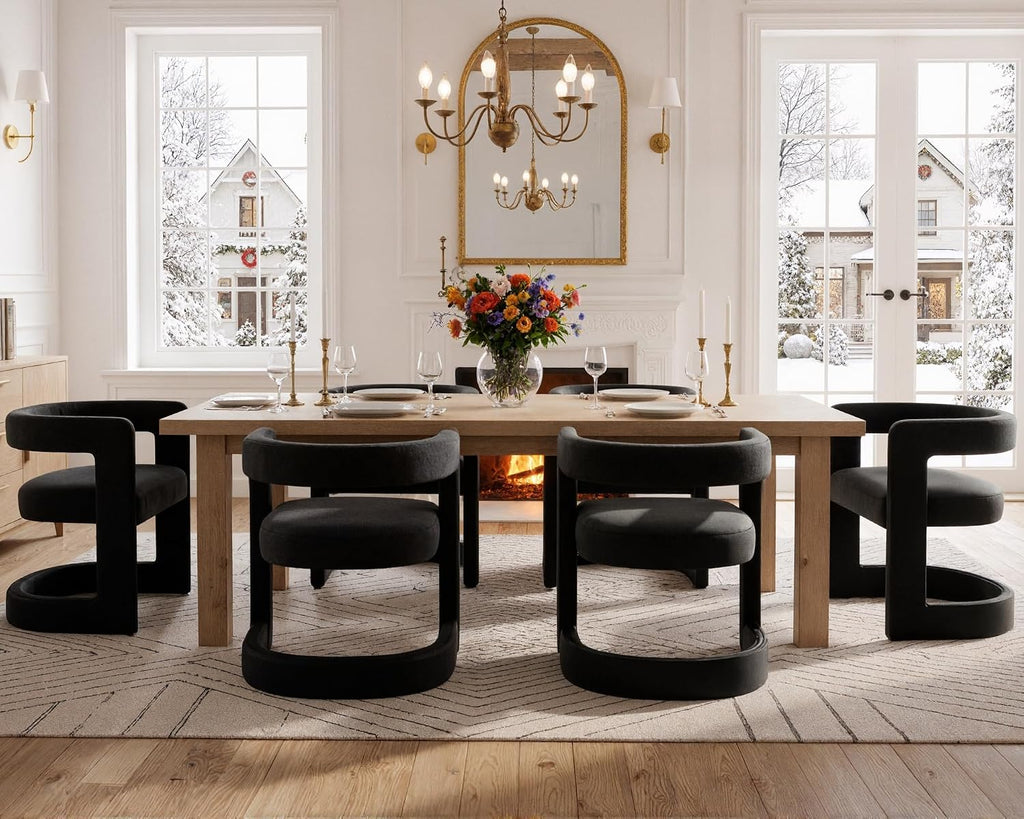 HNY Modern Black Velvet Barrel Dining Chairs Set of 6