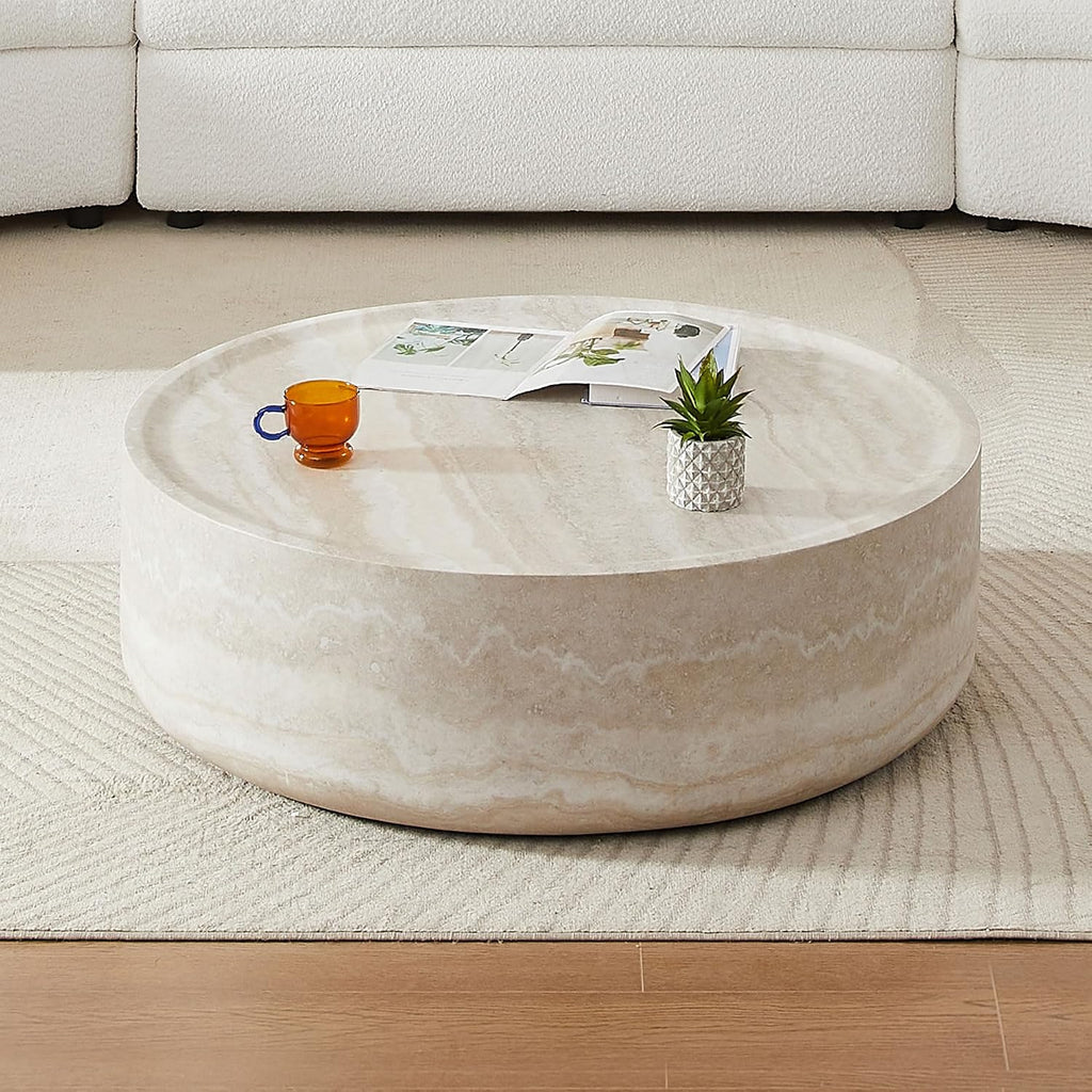 JUSTONE 31.49" Round Coffee Table, Modern Marble Faux Pattern - Minimalist Accent Table for Living Room,Office