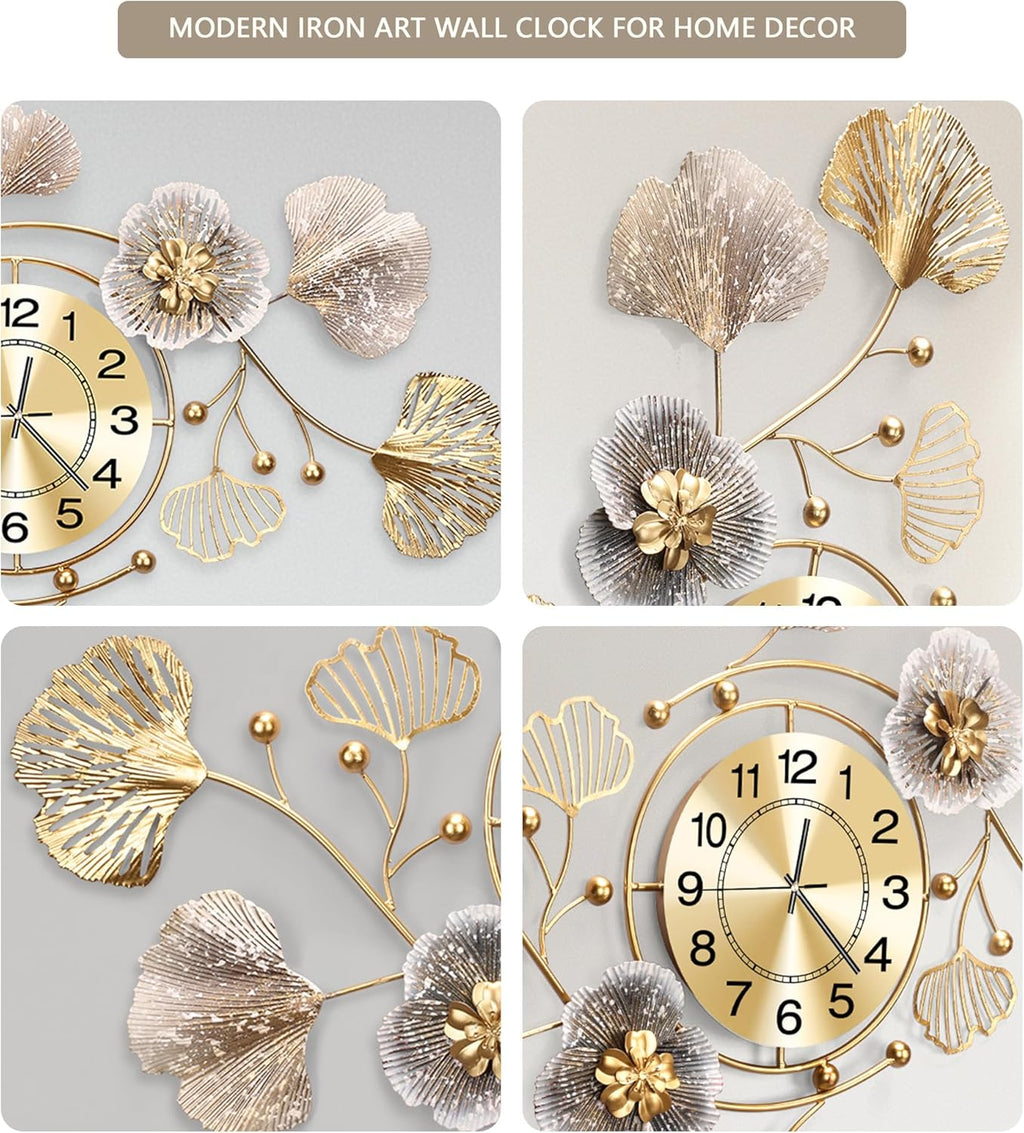 33" Modern Farmhouse Large Decorative Wall Clock, Ginkgo Metal Art