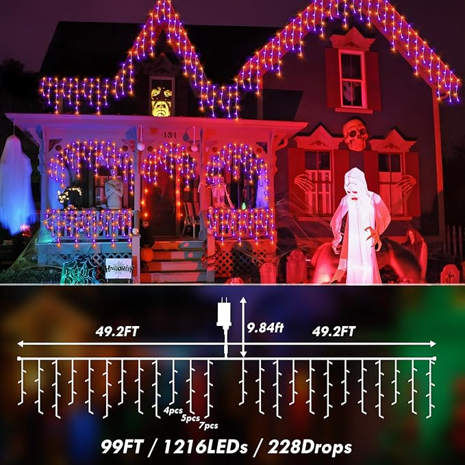KNONEW 99FT 1216 LED Halloween Lights Decortation Orange Purple String Lights Outdoor with 228 Drops, 8 Lighting Modes, Timer Memory Function Hanging Curtain Lights for Halloween Party Decor