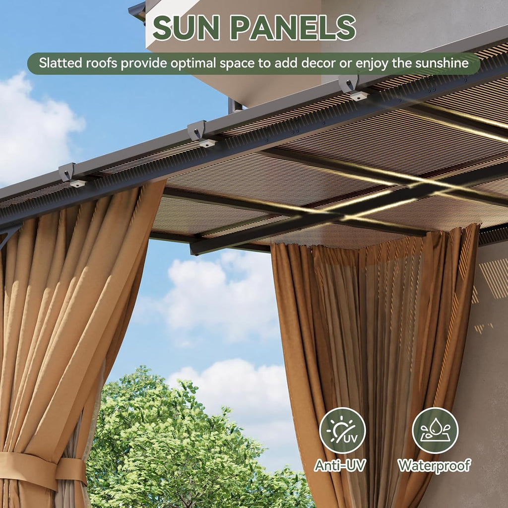 Aoxun 12'x10' Lean to Gazebo, Pergola with Mosquito Net and Curtains, Brown