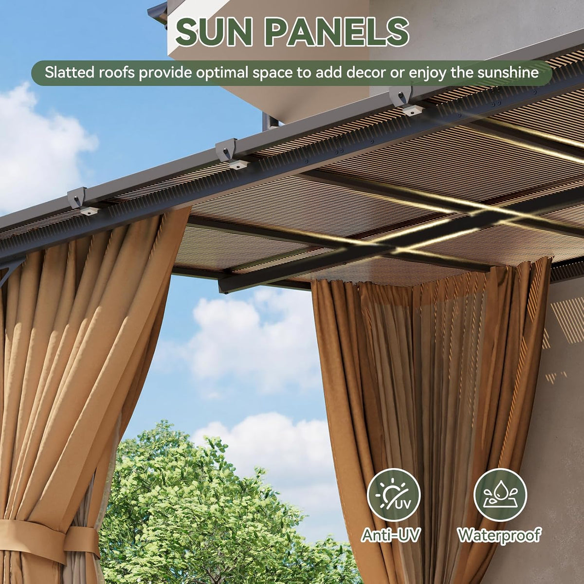 Aoxun 12'x10' Lean to Gazebo, Pergola with Mosquito Net and Curtains, Brown