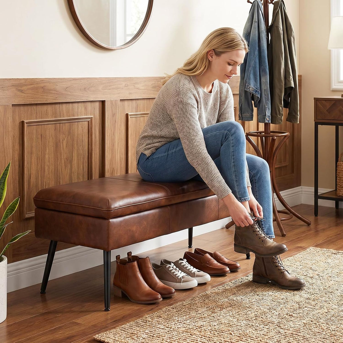 Ottoman with Storage Bench, Upholstered Large Entry Bench Brown