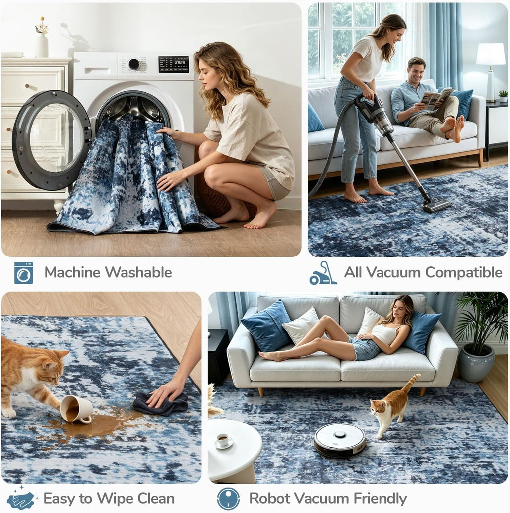 Lessymo Washable 8x10 Area Rugs for Living Room Bedroom, Abstract Navy Blue