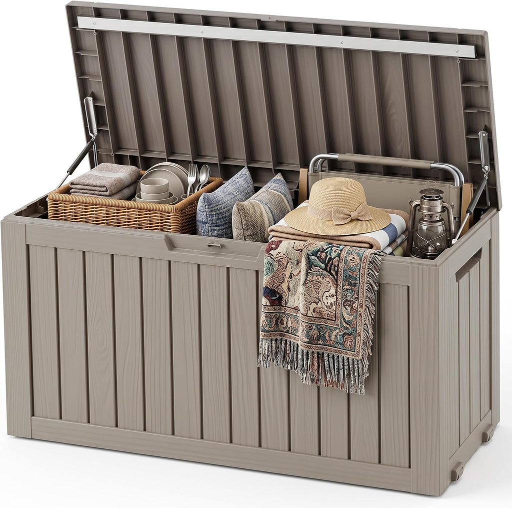 Outdoor Storage Box,120 Gallon Lockable Deck Box with Wheels,Grey