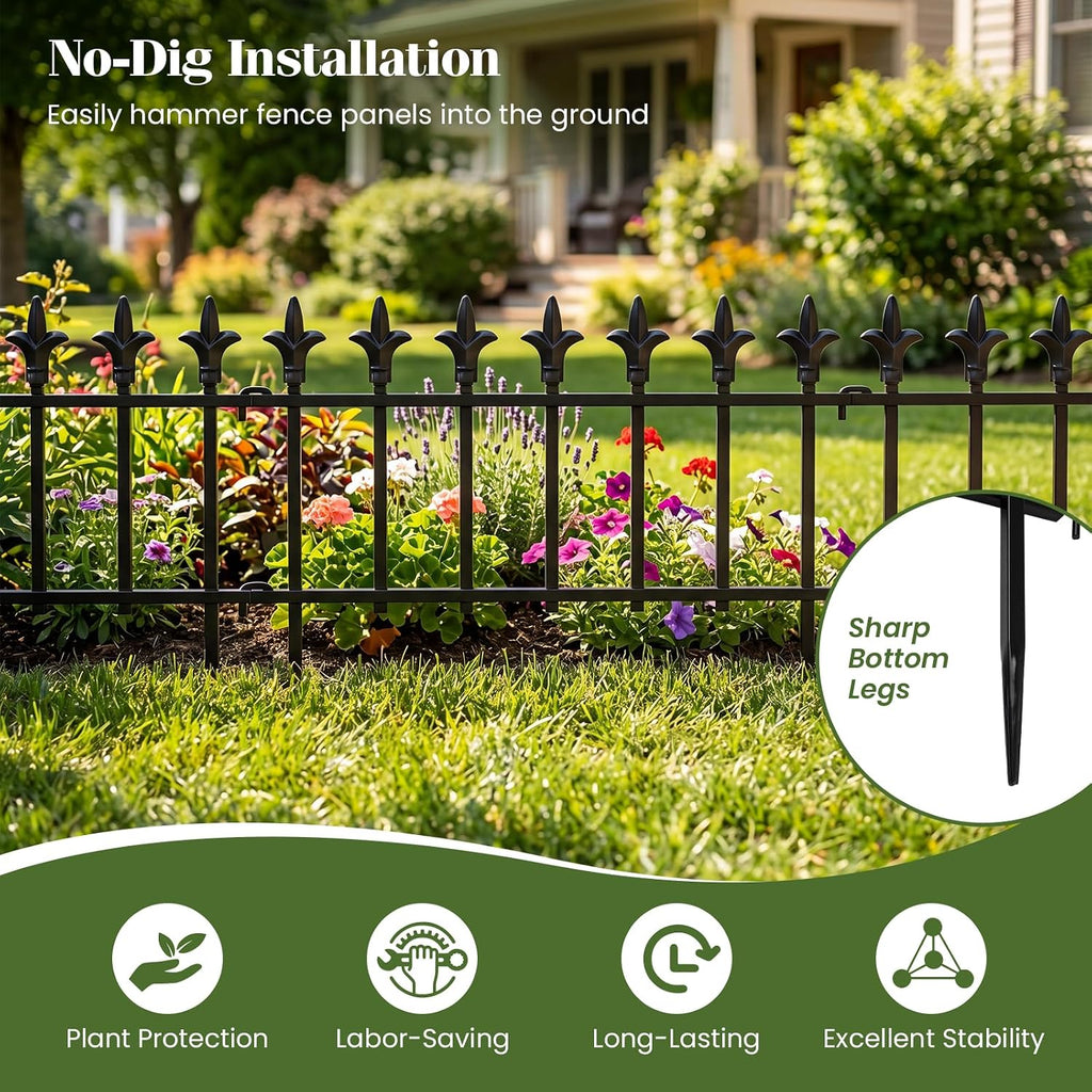 Giantex 5 Panels Decorative Metal Garden Fence, 9 FT No Dig Garden Border Fence with Fleur-de-Lis Finials, 17" H Heavy Duty Flower Bed Edging Fence, Folding Landscape Fencing for Yard, Pathway