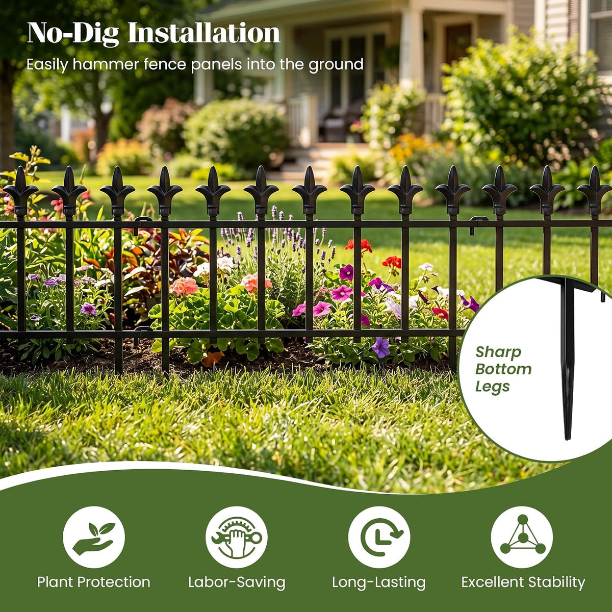 Giantex 5 Panels Decorative Metal Garden Fence, 9 FT No Dig Garden Border Fence with Fleur-de-Lis Finials, 17" H Heavy Duty Flower Bed Edging Fence, Folding Landscape Fencing for Yard, Pathway