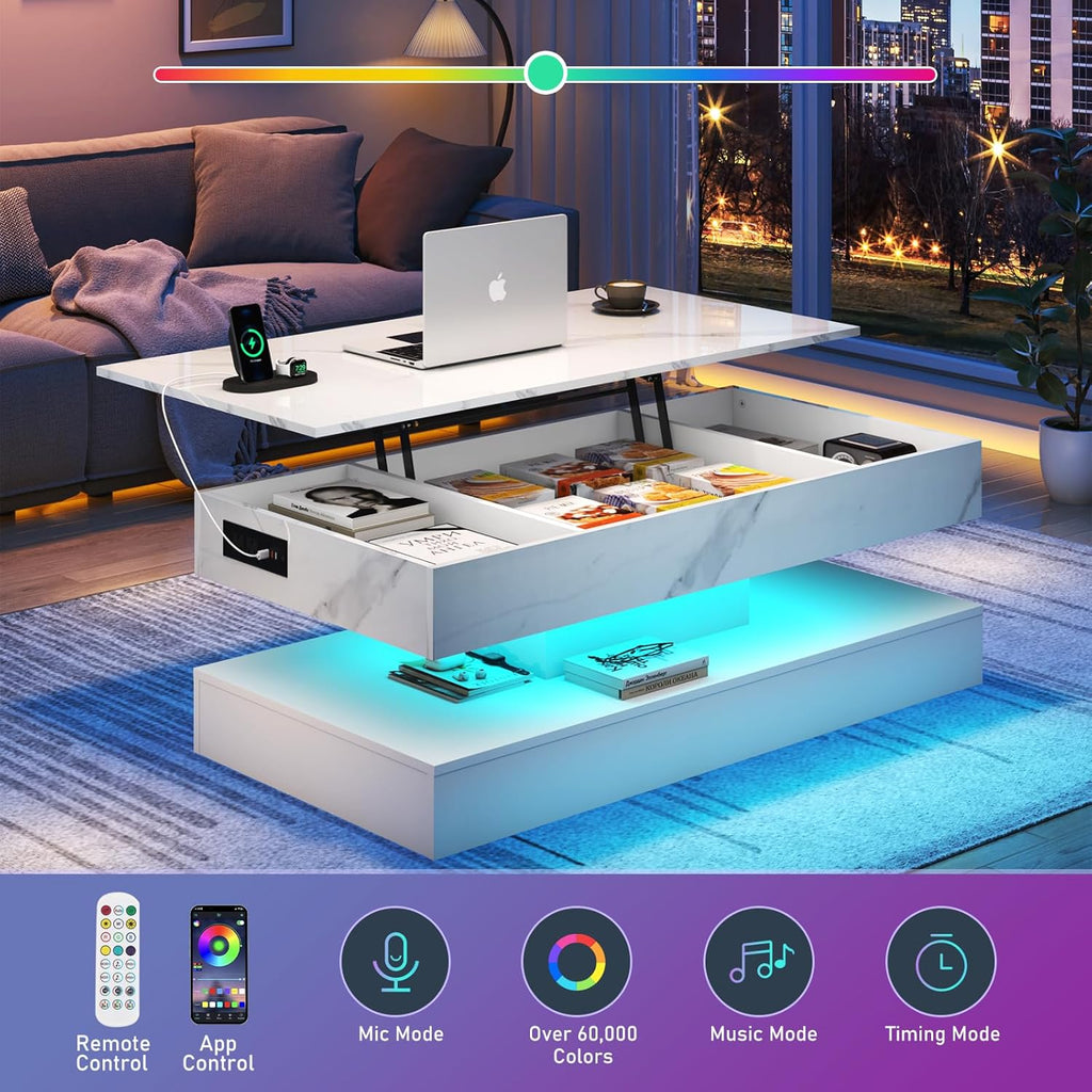 chartustriable 47.2" Large Lift Top Coffee Table, Modern LED High Glossy Coffee Table with Storage for Living Room, Lift Up Living Room Center Tables with Charging Station, LED Lights, White