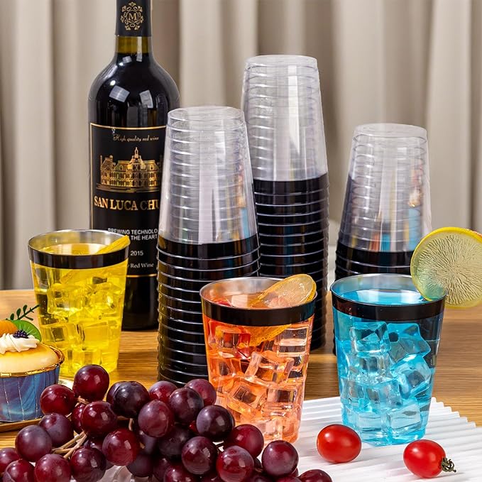 DaYammi 100 Pack Black Plastic Cups 10Oz Clear Disposable Cups with Black Rim, Clear Cocktail Cup Heavy Duty Disposable Wine Glasses Disposable Fancy Plastic Cups for Halloween Party