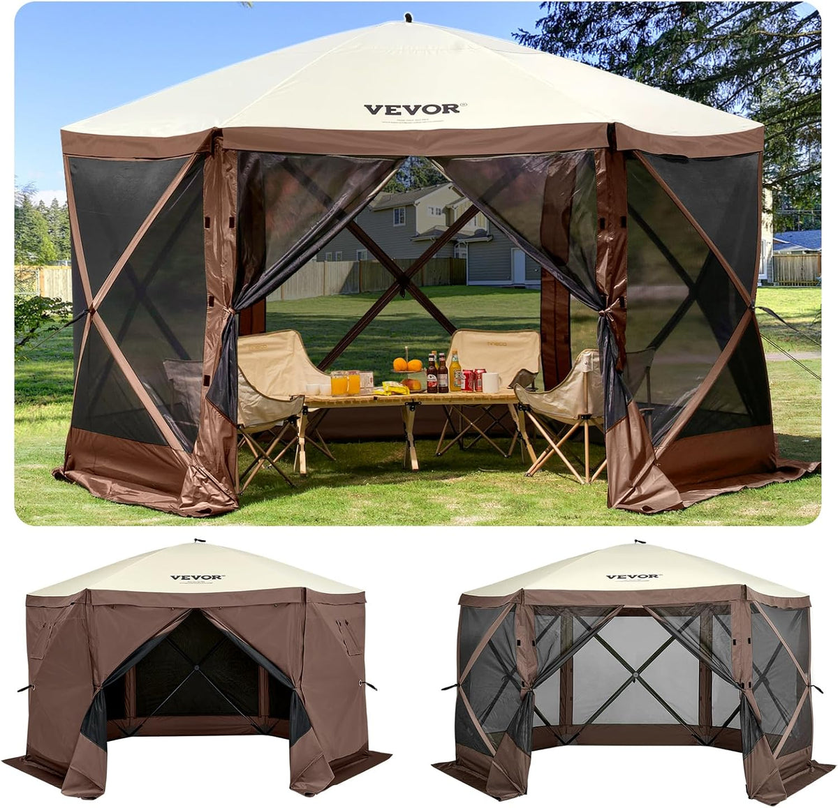 VEVOR Camping Gazebo Screen Tent, 12x12ft, Brown/Beige