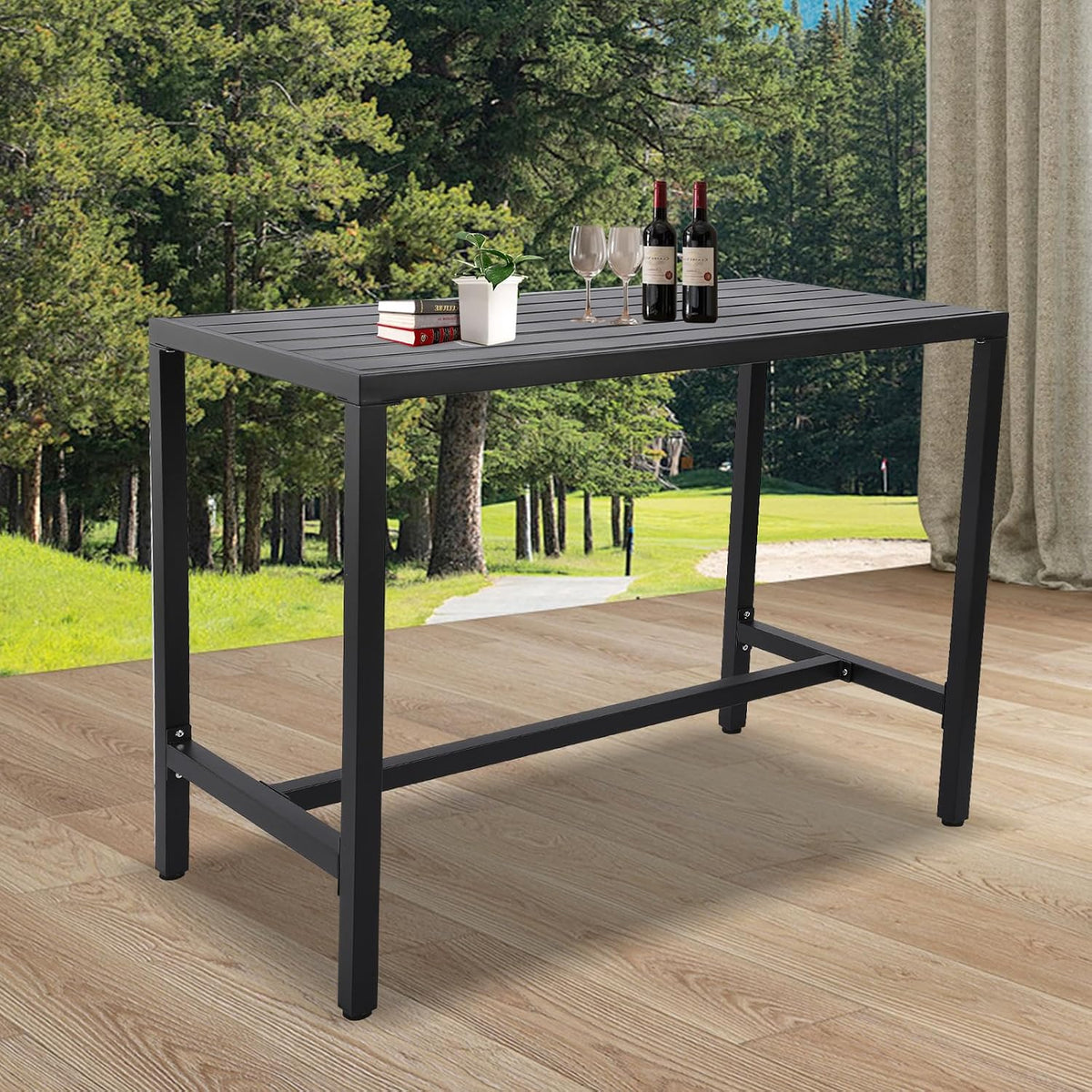 Outdoor Bar Table, Patio Console Pub Height Tables with Powder Coated Steel Frame, Weather Resistant Waterproof Top for Hot Tub, Balcony, Garden, Yard, Poolside (47" Wide Bar Table, Black)