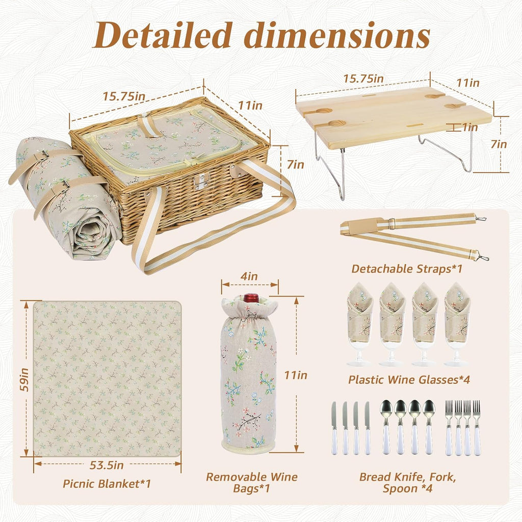 Picnic Basket for 4 with Folding Table and Wine Pouch